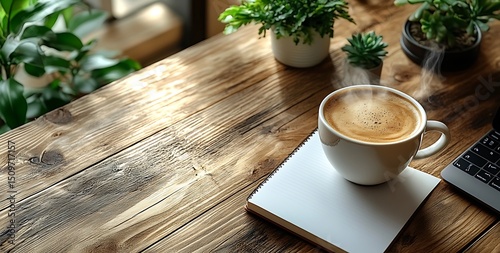 Coffee Cup Mockup with Notepad and Keyboard on Wooden Table

 photo