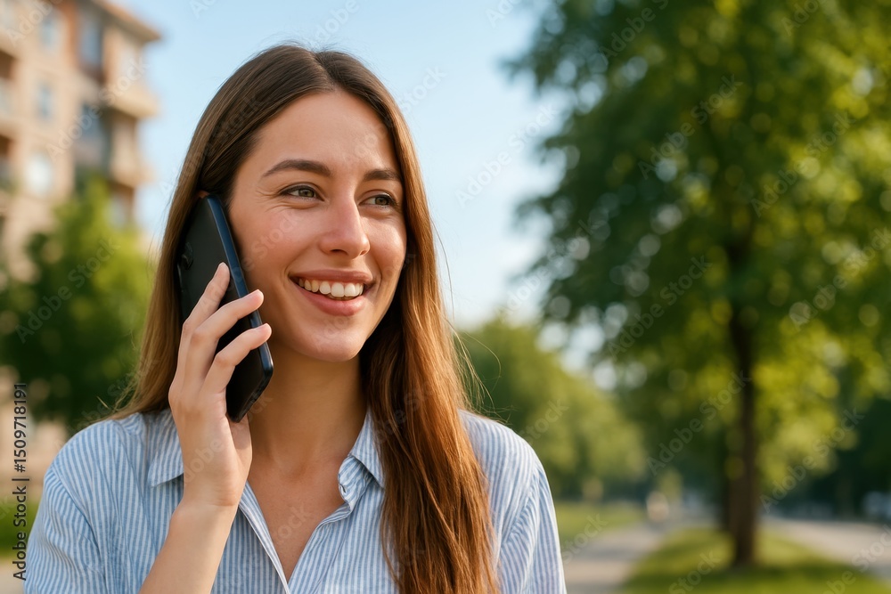 Young woman smiling while talking on smartphone outdoors in a vibrant green park area on a sunny day with a blurred background of buildings and trees Young woman smiling while talking on smartphone outdoors in a vibrant green park area on a sunny day with a blurred background of buildings and trees