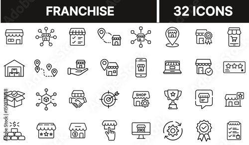 Franchise Icon with Storefront and Network Nodes Representing Business Expansion and Brand Distribution