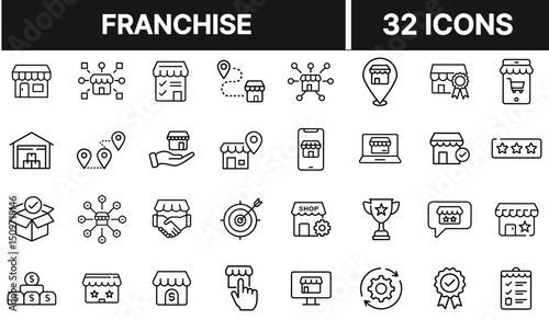 Franchise Icon with Storefront and Network Nodes Representing Business Expansion and Brand Distribution