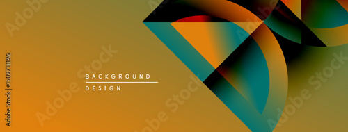 Abstract geometric shapes overlap, creating dynamic visual effect. Warm orange background complements cool color gradients. Modern design element.