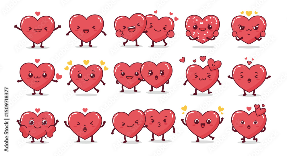 Fototapeta premium Cute Heart Characters and Love Emojis - Romantic and Valentine's Day Expressions