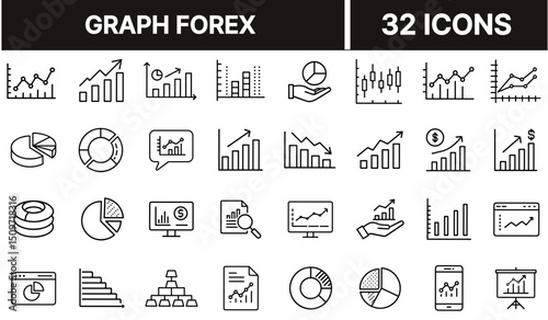 Graph Forex Icon with Currency Symbols and Trend Lines Representing Foreign Exchange Market and Financial Trading