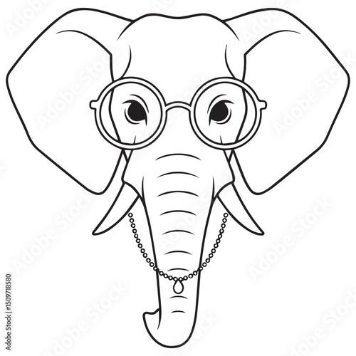 An elephant wears glasses and a necklace depicted in an outlined illustration