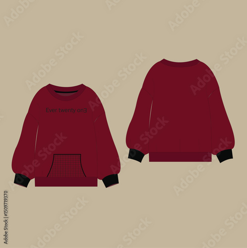 Crew neck Long sleeve Sweatshirt Technical Fashion Illustration. Flat Sketches technical drawing vector template For ladies or  women.
