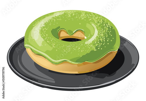 matcha donut on a plate - vector illustration