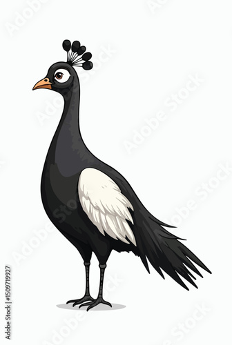 Cartoon pheasant with a distinctive black and white head, featuring colorful plumage and a playful expression..eps