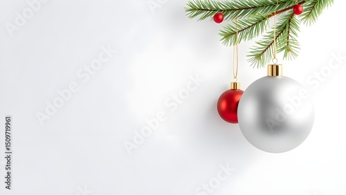 This image displays a festive Christmas scene with silver ornaments, a red bow, pine branches, and red berries against a snowy white background with scattered snowflakes. It evokes a feeling of holida