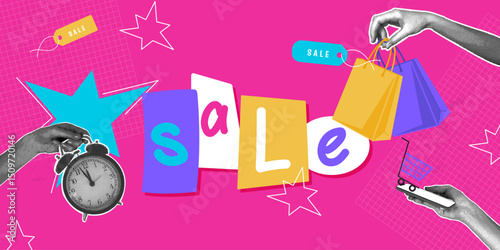 Trendy halftone collage. Sale time. Sale promotion with clock and shopping elements in bright trendy colors with hand collage. Banner concept for online shopping, sale banner. Vector illustration