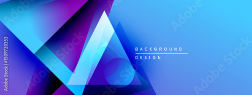Abstract geometric shapes overlap, creating vibrant blue, purple gradients. Modern design suggests technology, innovation, digital art.