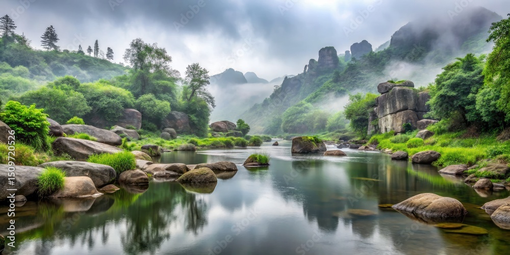 Fototapeta premium Misty River Landscape, Tranquil Nature Photography, Serene Green Valley, Stone Formations, Overcast Day