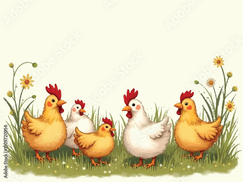 A collection of Five chiken placed on a vibrant field filled with flowers and grass..eps
