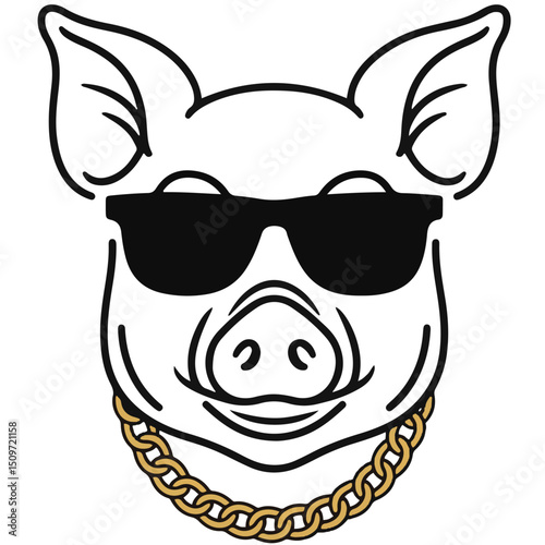 Pig head blackoutlined sunglasses gold chain Funny