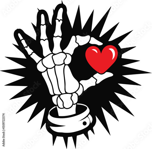 Skeleton Hand with Heart and Cuff, Bold Gothic Love Vector Design