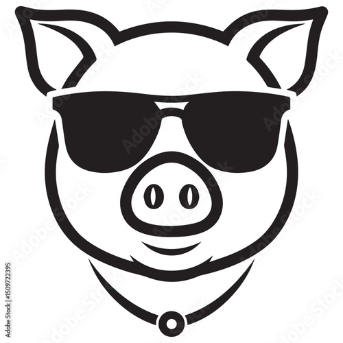 Blackandwhite pig head with sunglasses and a collar