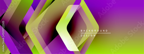 Abstract geometric shapes blend vibrant purple, green, yellow hues. Modern design creates dynamic visual effect. Gradient transitions add depth.