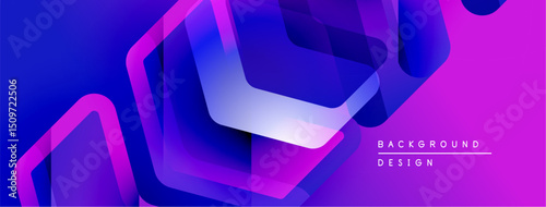 Abstract geometric shapes overlap, creating vibrant purple, blue gradients. Modern design suggests technology, innovation, energy.