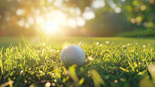 Golf ball resting on vibrant green grass at golden hour.