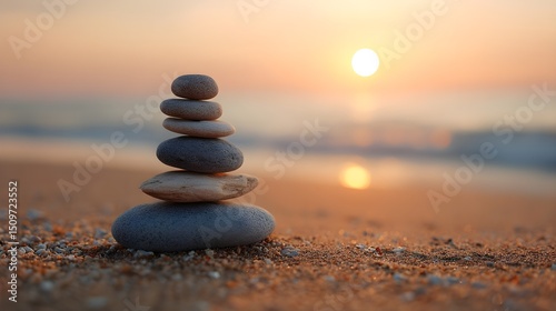 Zen stones on the beach at sunset symbolize balance and peace