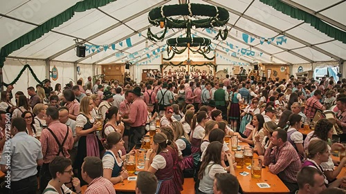 Crowded beer tent, people in traditional clothing, with a band performing