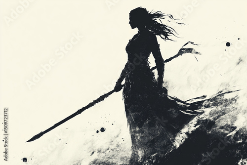 A female warrior standing defiantly with a battle staff silhouette