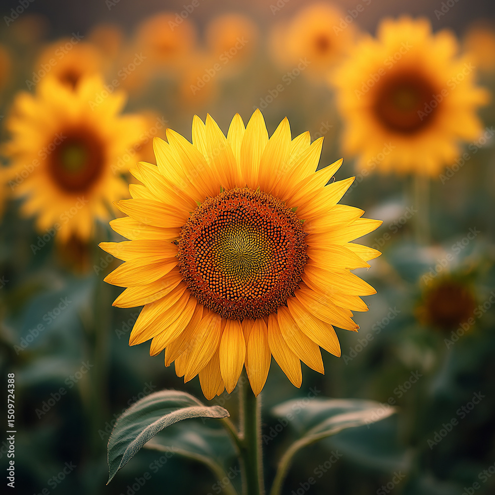 Fototapeta premium a vibrant sunflower in a sunlit field, close-up focus on a single large sunflower with golden yellow petals and a detailed textured center.
