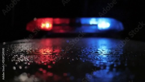 Low angle of red and blue emergency lights flickering and reflecting off rain-soaked pavement at night.
