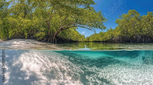 Mangrove forest meets clear shallow water.