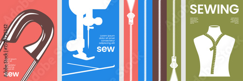 Modern sewing poster collection with minimalist style featuring needles, threads, zippers, mannequins, and sewing machines for fashion or tailoring visuals.