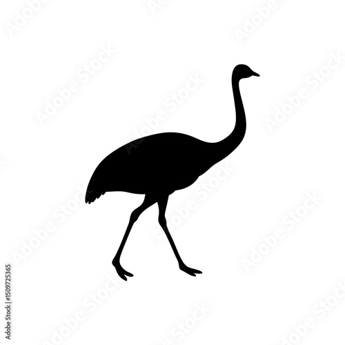 Detailed Side View of a Walking Emu Rendered as a Black Silhouette Graphic