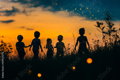 A group of kids catching fireflies at dusk silhouette