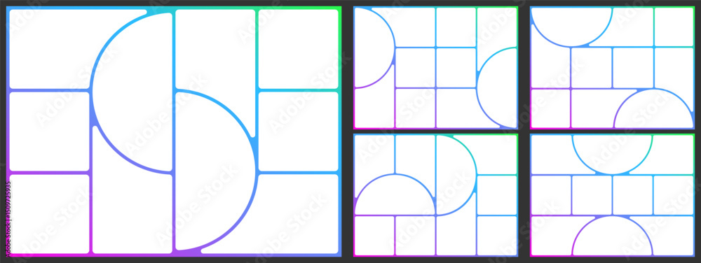 Collage grid mosaic template. Photo bento box layout. Brutalist shape post design, Image poster montage board. Abstract brochure rounded square circle gallery. Vector modular album geometric page