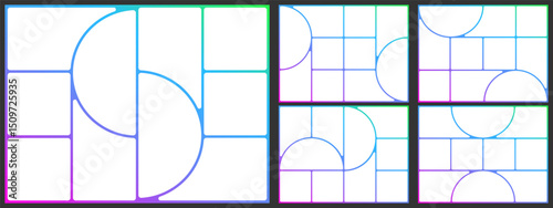 Collage grid mosaic template. Photo bento box layout. Brutalist shape post design, Image poster montage board. Abstract brochure rounded square circle gallery. Vector modular album geometric page