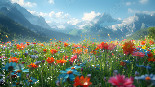 Vibrant wildflowers bloom in a picturesque mountain landscape.