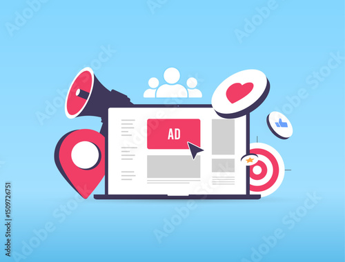 Social media advertising illustration with digital marketing campaigns, PPC online marketing and social media advertising strategies. Online ads and digital marketing business vector illustration