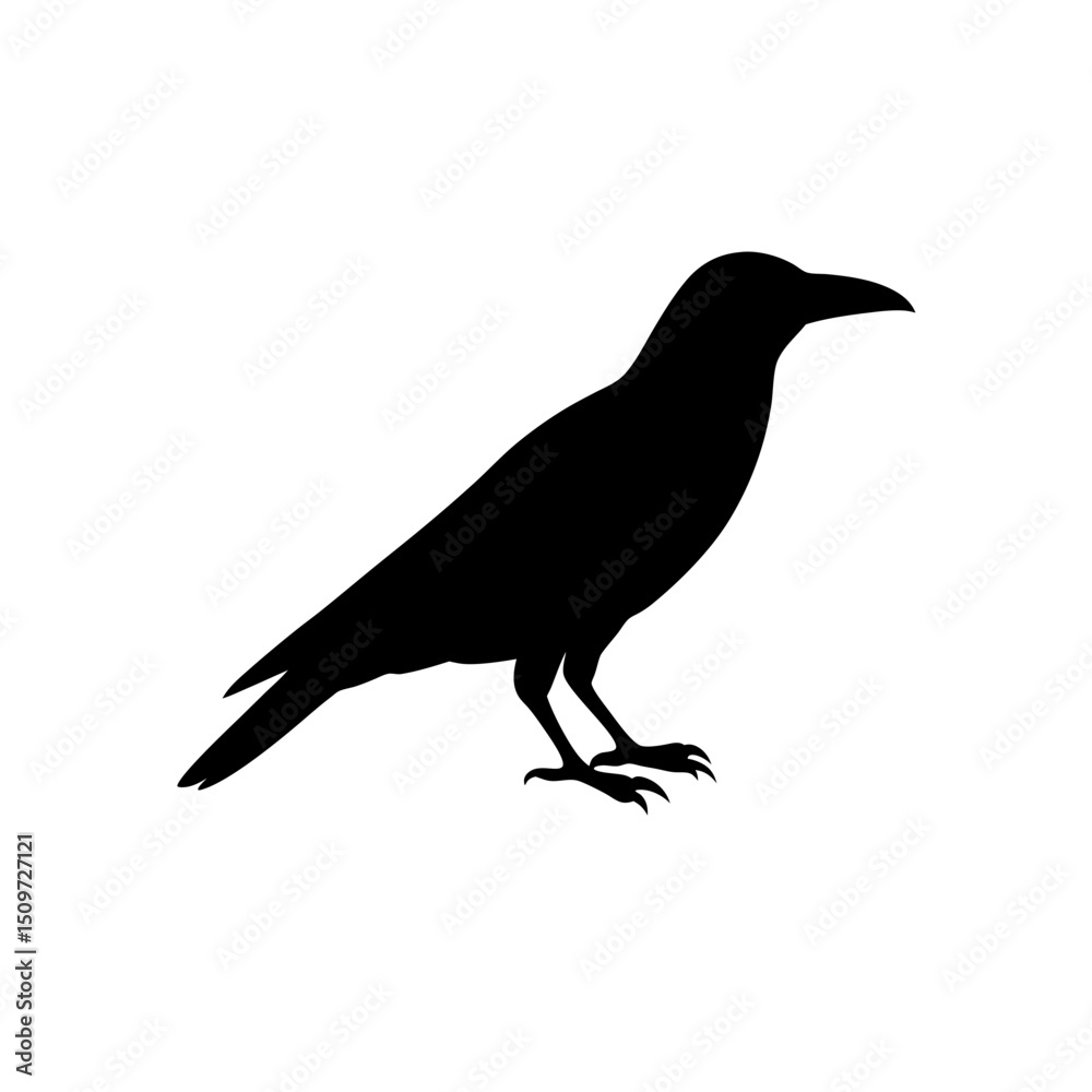 Fototapeta premium Clean Vector Art of a Perched Raven Showcased as a Black Silhouette from the Side