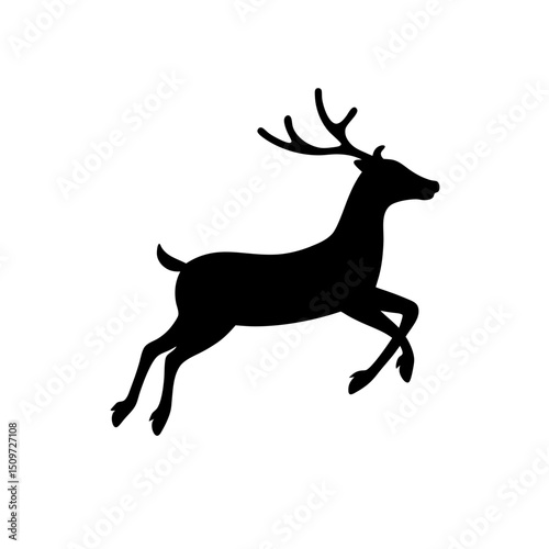 Detailed Side View of a Running Reindeer Rendered as a Black Silhouette Graphic