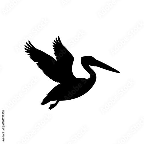 A Detailed Black Silhouette Vector Graphic Featuring a Gliding Pelican Side Profile