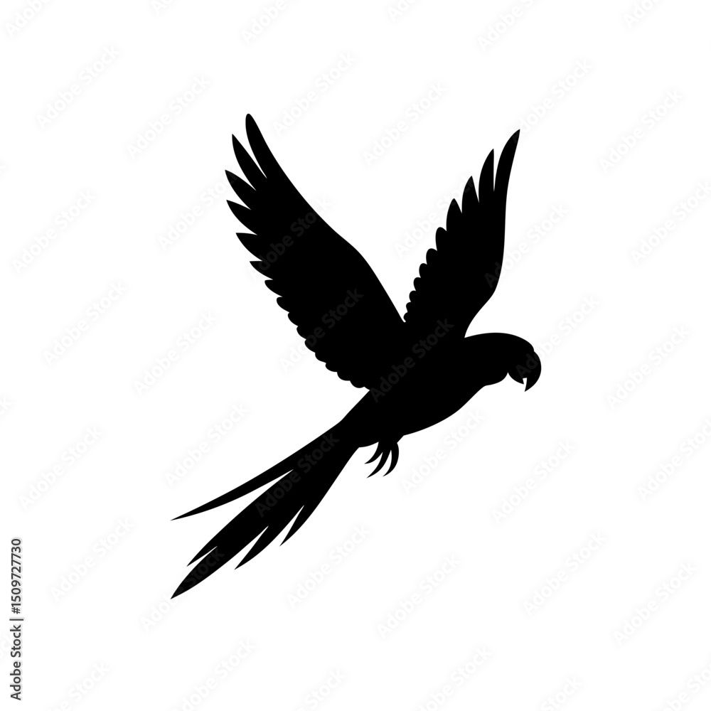 Obraz premium Elegant Side Profile Vector Illustration of a Flying Parrot a Black Silhouette