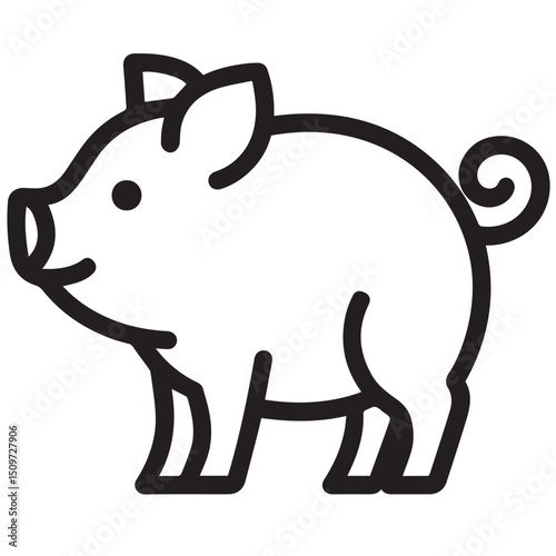 Black line drawing of a pig with curly tail short legs snout and one visible eye