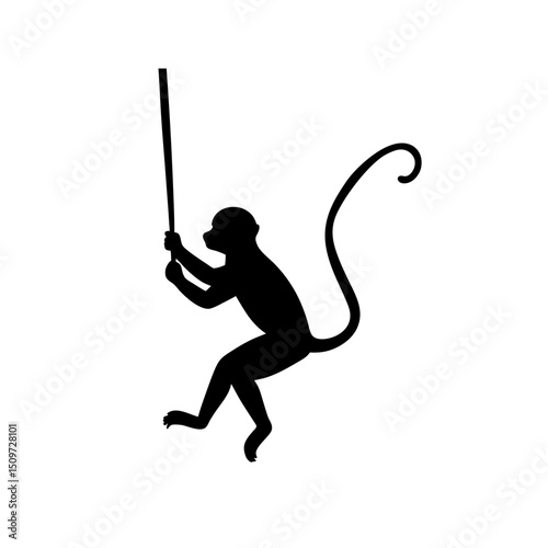 Energetic Side View of a Monkey Swinging Black Silhouette Vector Clip Art Illustration