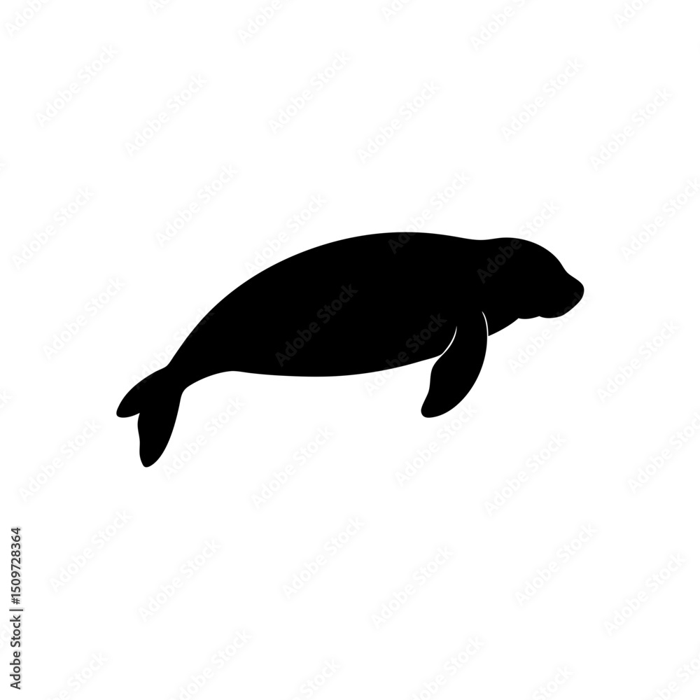 Fototapeta premium Simple Side View of a Manatee Floating Black Silhouette Vector Clip Art Illustration