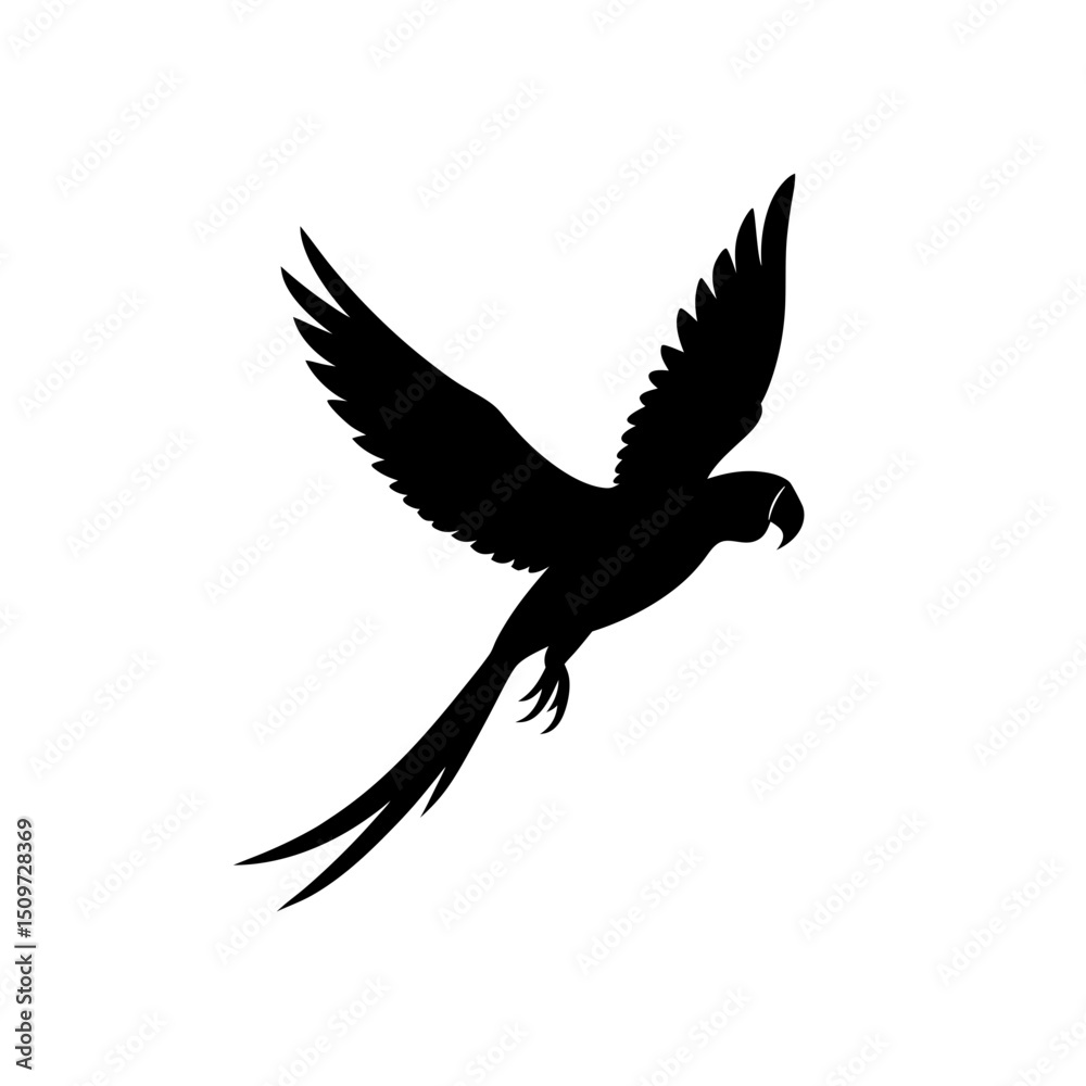 Fototapeta premium Energetic Side View of a Macaw Flying Black Silhouette Vector Clip Art Illustration