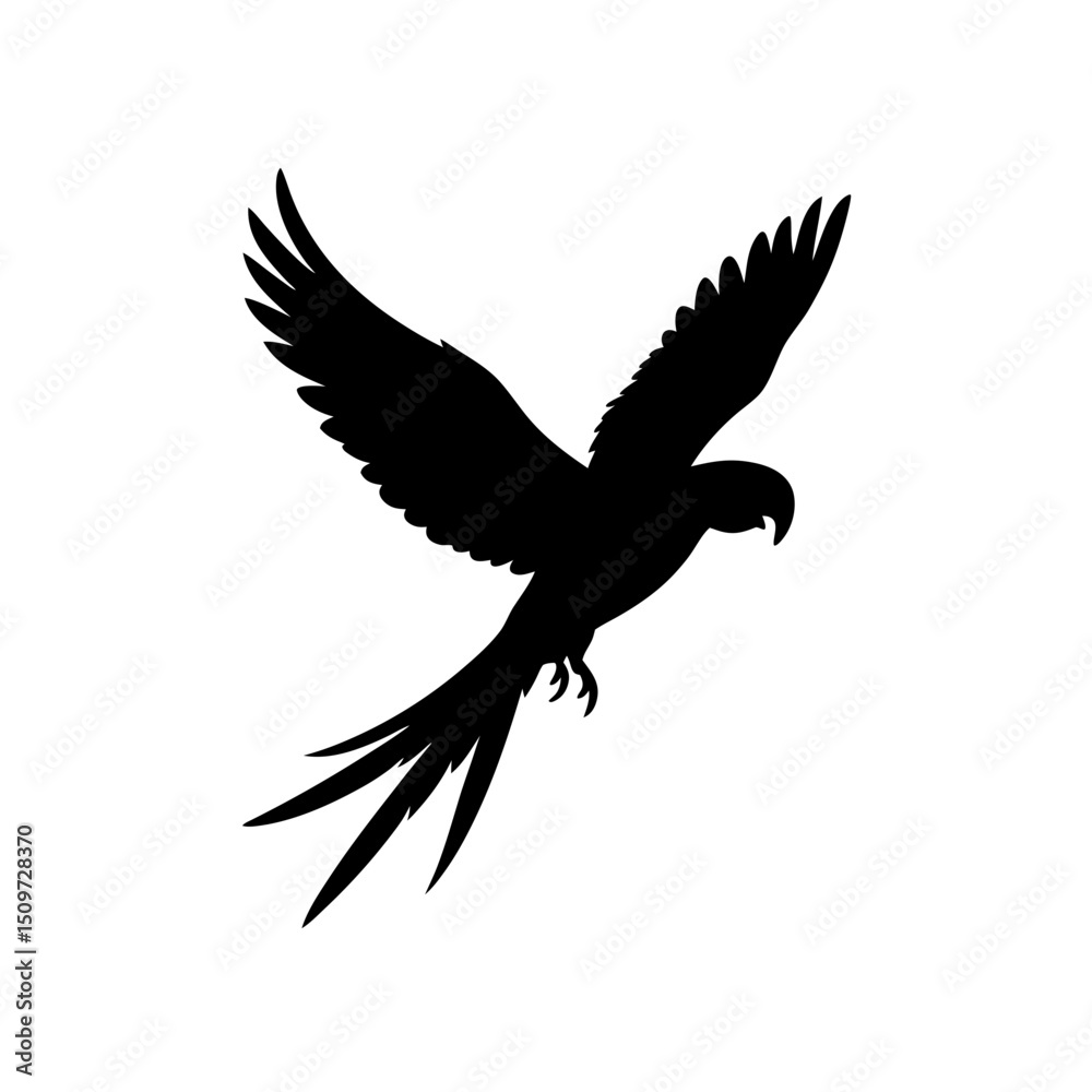 Obraz premium Graceful Side View of a Macaw Flying Black Silhouette Vector Clip Art Illustration