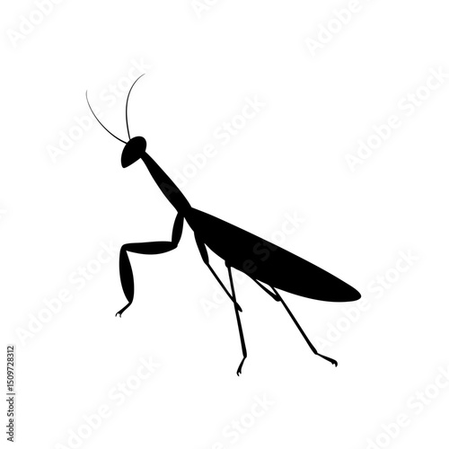 Focused Side View of a Praying Mantis Black Silhouette Vector Clip Art Illustration
