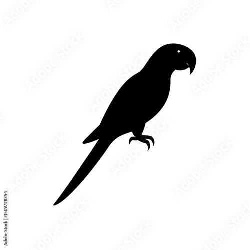 Still Side View of a Macaw Perched Black Silhouette Vector Clip Art Illustration