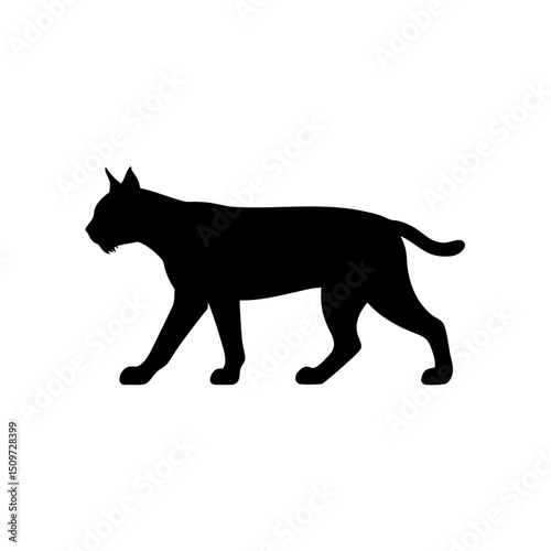 Cautious Side View of a Lynx Stalking Black Silhouette Vector Clip Art Illustration