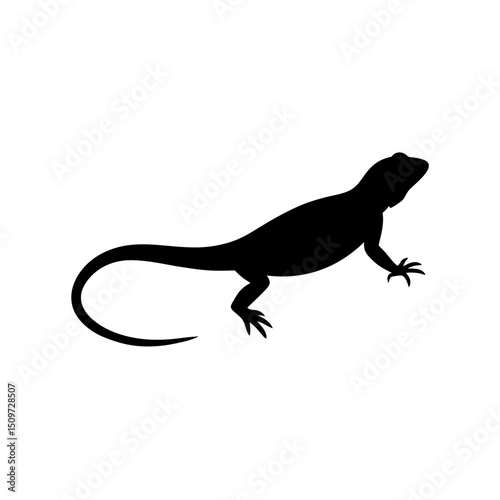 Calm Side View of a Lizard Basking Black Silhouette Vector Clip Art Illustration