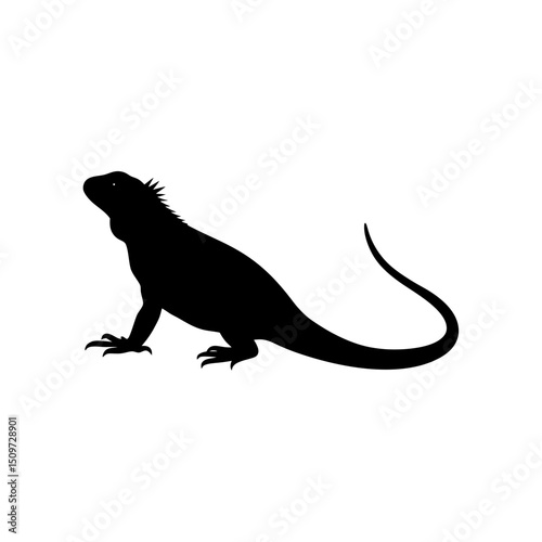 Simple Side View of an Iguana Basking Black Silhouette Vector Clip Art Illustration