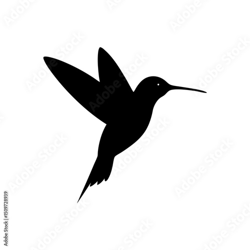 Still Side View of a Hummingbird Hovering Black Silhouette Vector Clip Art Illustration